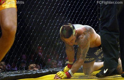 Thomas Denny at the end of round one recovering from being stunned