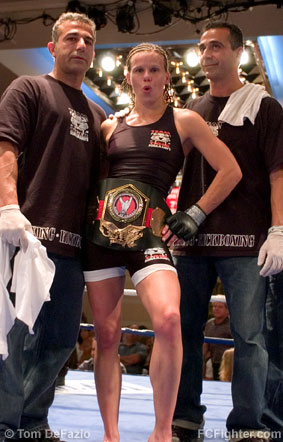 Ring of Combat 11: Laura D'Auguste with coaches Danny 'Tiger' (left) and Ron Schulmann - Photo by Tom DeFazio