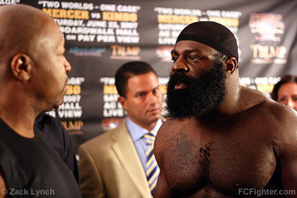CFFC Weigh-ins (June 22, 2007): Ray Mercer (left) is engaged in a stare down with Kimbo Slice - Photo by Zack Lynch