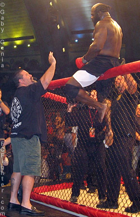 Cage Fury Fighting Championship 5: David 'Tank' Abbott (left) talking with kimbo Slice after Slice's win over Ray Mercer - Photo by Gaby Genia