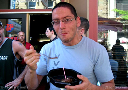 KOTC Canada Weigh-ins (July 13, 2007): Jonathan Goulet enjoys some birthday cake after the weigh-in - Photo by Peter Parsons