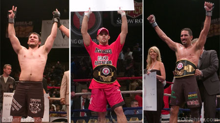 Ring of Combat 14 Champions: (Left to right) Marc Stevens (middleweight), Todd Moore (welterweight), James 'Binky' Jones (lightweight) - Photos by Tom DeFazio
