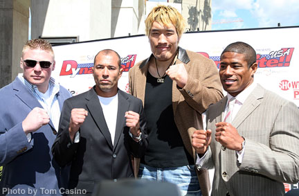 EliteXC / K-1 Press Conference (Mar 27, 2007): Fighters (left-to-right) Brock Lesnar, Royce Gracie, Hong Man Choi and Johnnie Morton pose after the press conference in Los Angeles to formally announce the June 2 mixed martial arts fight card at the L.A. Coliseum - Photo by Tom Casino